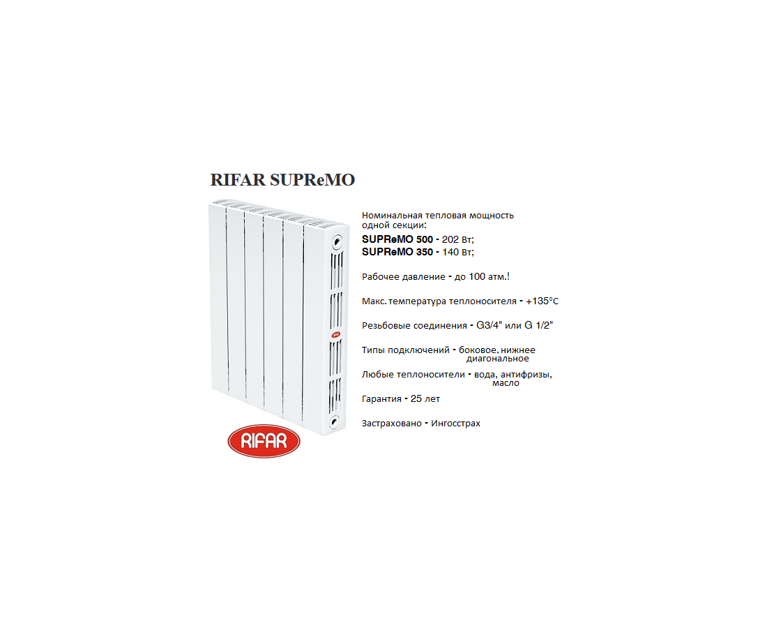 Рифар теплоотдача. Радиатор "Rifar Supremo" 500/90мм 8 секций, h575, l640, 1616вт, би-метал. Радиатор отопления Рифар Супремо габариты. Радиатор Рифар Супремо 350 габариты. Рифар Супремо 350 ширина секции.