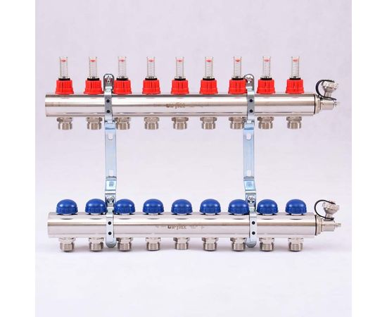 Коллектор из латуни с расходомерами и термостатическими вентилями 9 выходов